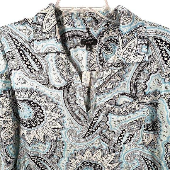 Talbots Paisley Silk Blouse Sz 8 Long Sleeve Turquoise Blue Retro V-Neck Collar - Picture 2 of 11